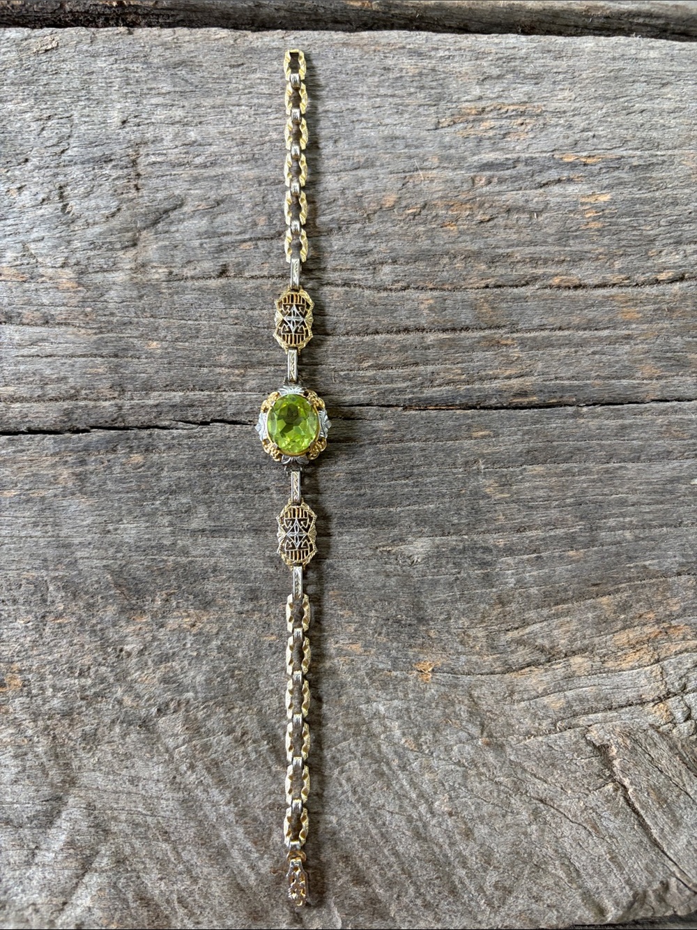Art deco gold and silver peridot bracelet